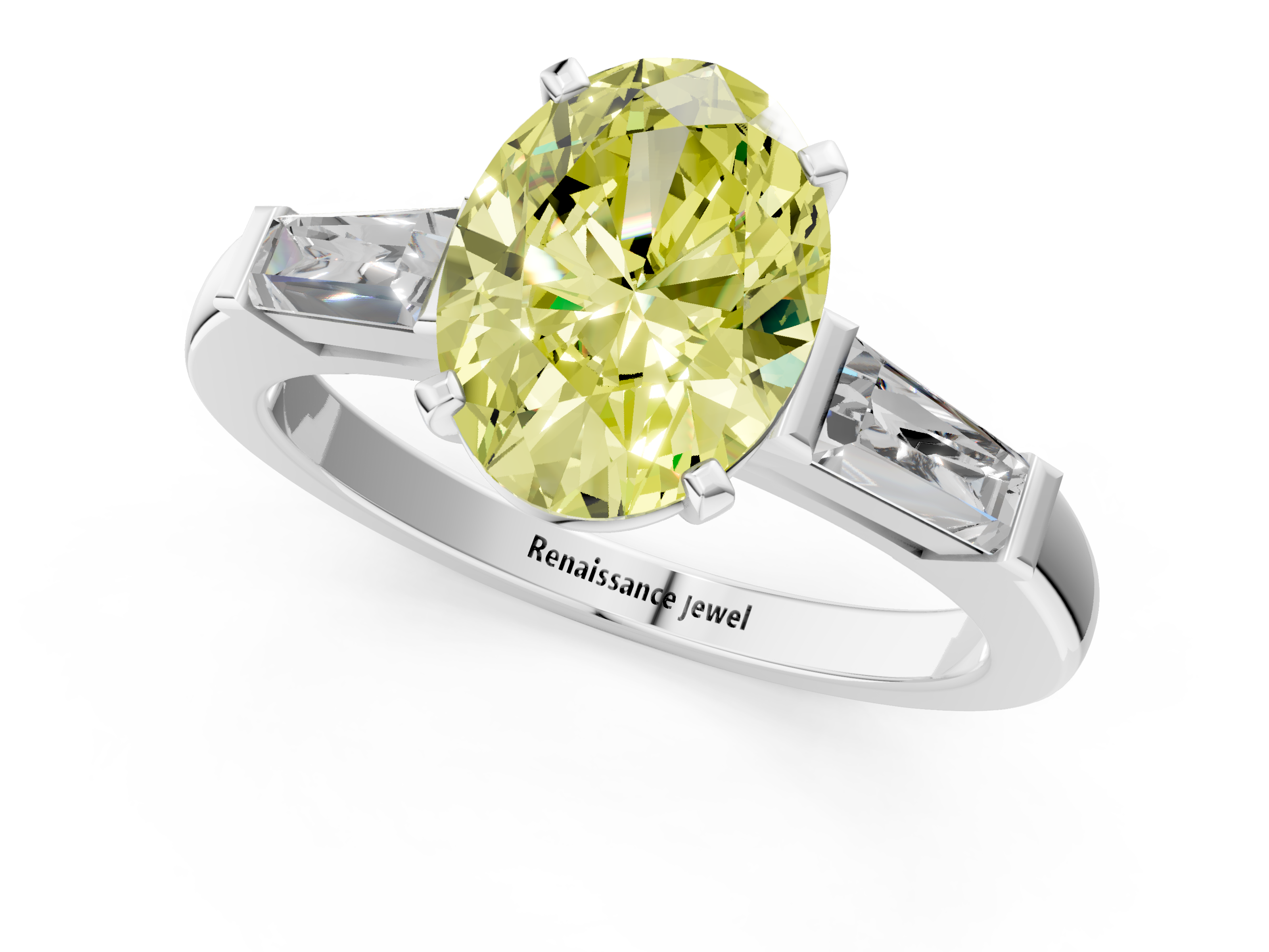 White gold Fancy Yellow Oval  Solitaire with Tapered Baguette Side Stones on a Classic Band with Four-Prong Setting_59