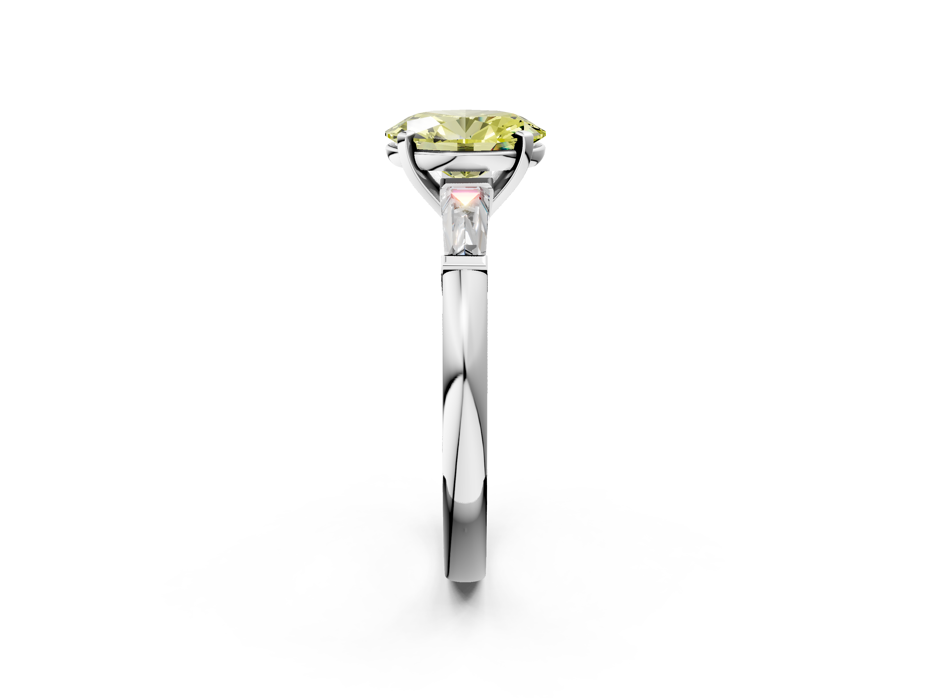 White gold Fancy Yellow Oval  Solitaire with Tapered Baguette Side Stones on a Classic Band with Four-Prong Setting_60