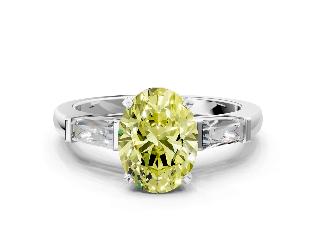 White gold Fancy Yellow Oval  Solitaire with Tapered Baguette Side Stones on a Classic Band with Four-Prong Setting_92