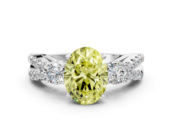 White gold Fancy Yellow Oval Cut Diamond Three-Stone Ring with Pavé Split Shank and Four-Prong Setting