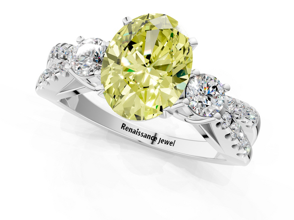 White gold Fancy Yellow Oval Cut Diamond Three-Stone Ring with Pavé Split Shank and Four-Prong Setting