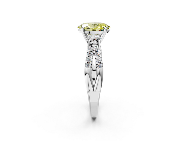 White gold Fancy Yellow Oval Cut Diamond Three-Stone Ring with Pavé Split Shank and Four-Prong Setting