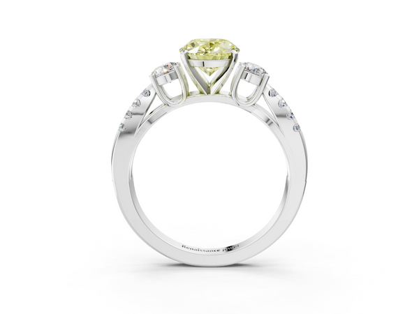 White gold Fancy Yellow Oval Cut Diamond Three-Stone Ring with Pavé Split Shank and Four-Prong Setting
