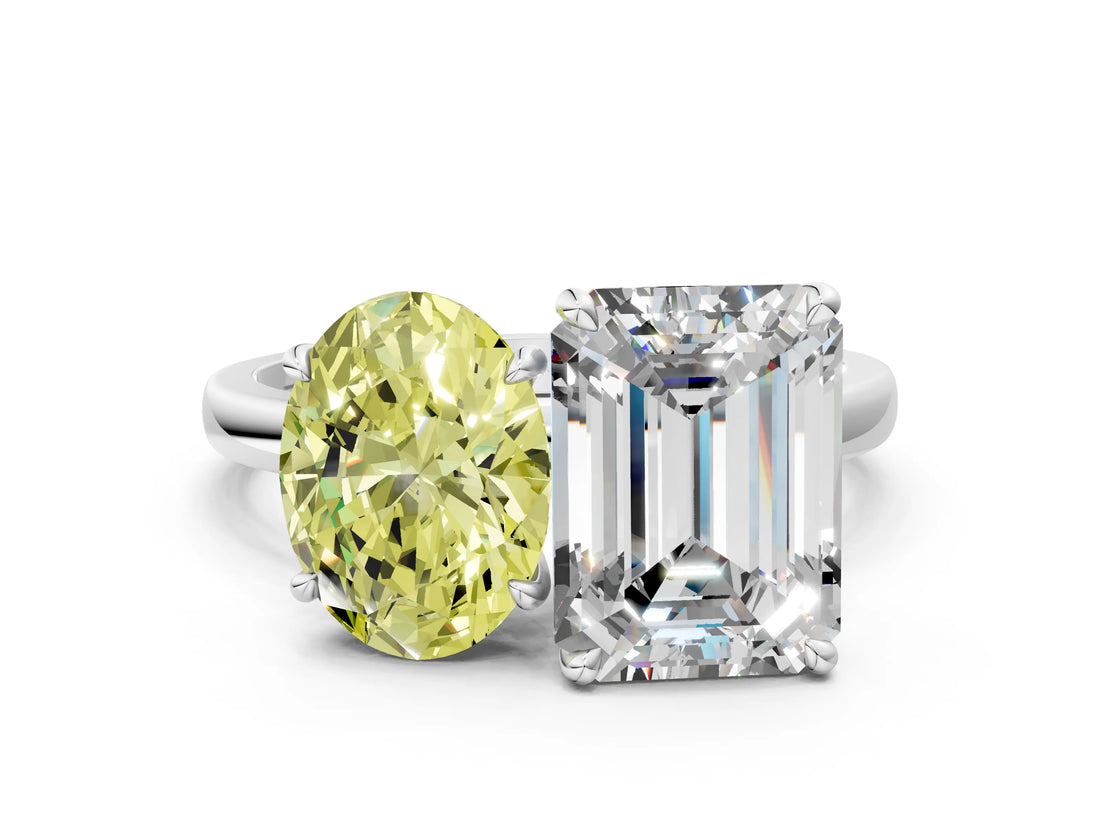 White gold Fancy Yellow Oval  and Emerald Cut Toi Moi Ring with Prong Setting_63