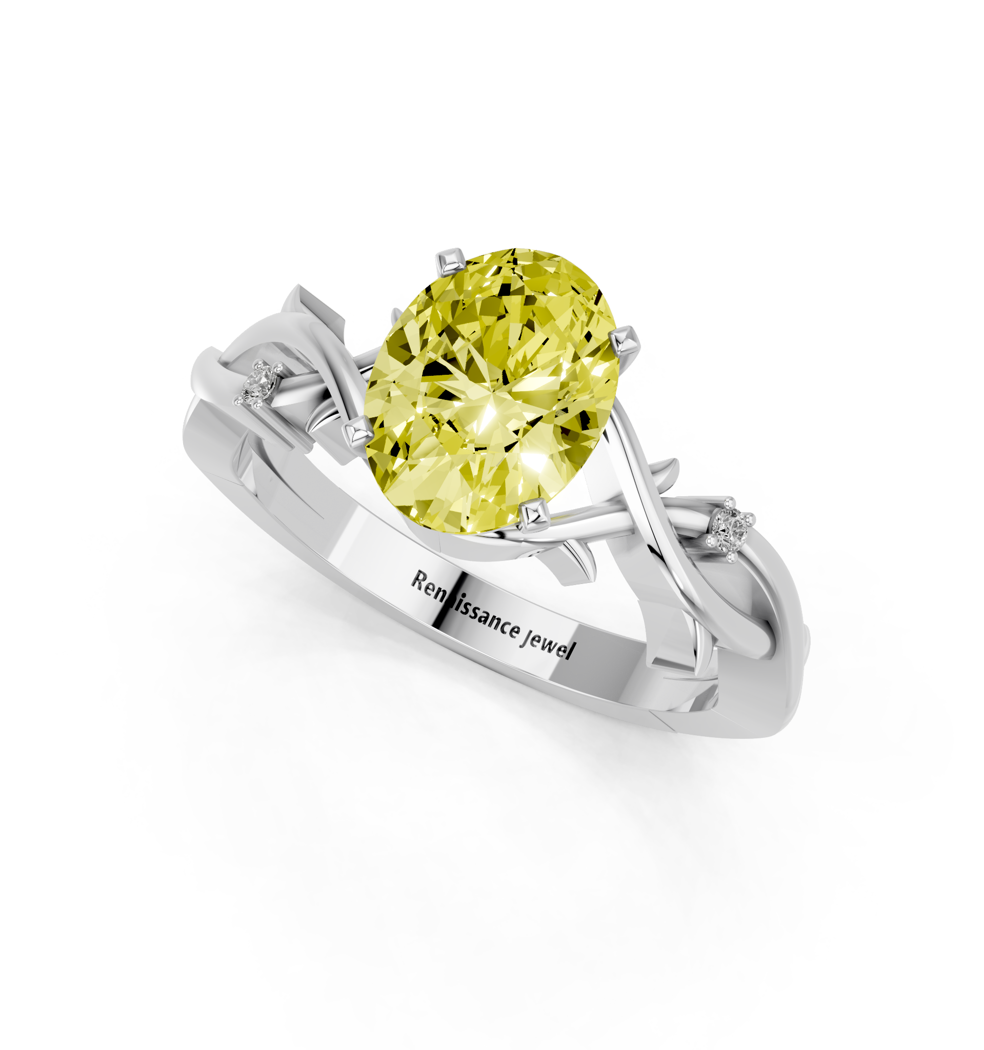 White gold Fancy Yellow Oval cut Solitaire Twisted Band Prong Setting Ring_7