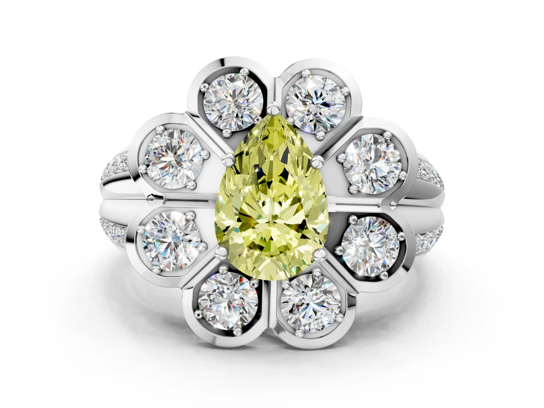 White gold Fancy Yellow Pear  Brilliant Flower Halo Diamond Split Shank Ring_27