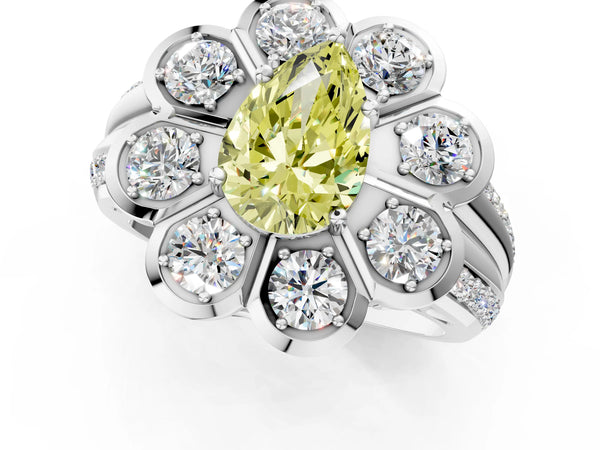 Platinum Fancy Yellow Pear  Brilliant Flower Halo Diamond Split Shank Ring