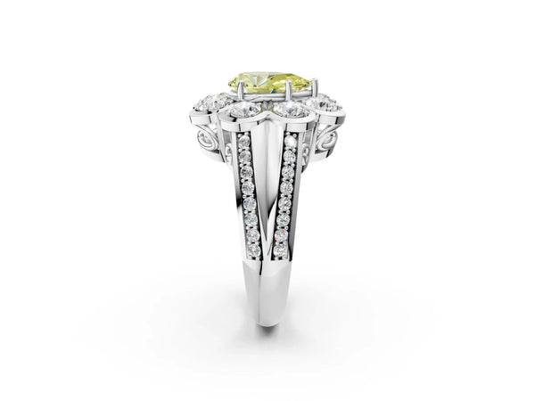 Platinum Fancy Yellow Pear  Brilliant Flower Halo Diamond Split Shank Ring
