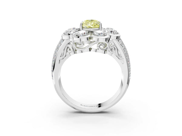 Platinum Fancy Yellow Pear  Brilliant Flower Halo Diamond Split Shank Ring