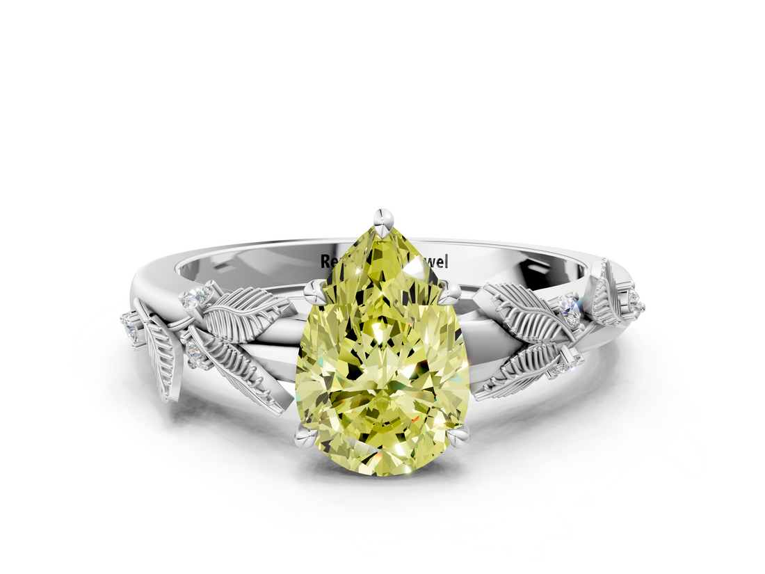 White gold Fancy Yellow Pear  Brilliant Solitaire with Leaf Motif Band and Four-Prong Setting_62