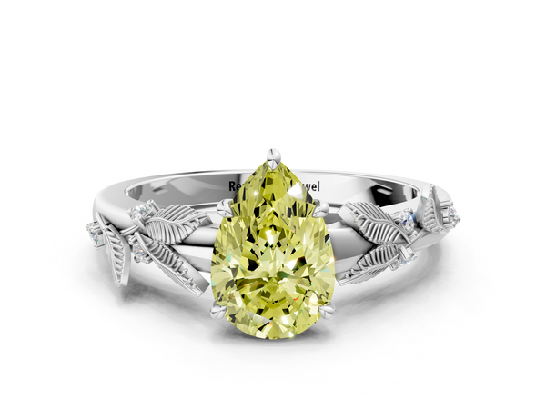 White gold Fancy Yellow Pear Cut Diamond Solitaire Ring with Leaf Motif Band and Four-Prong Setting