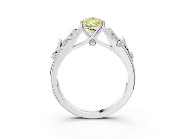 White gold Fancy Yellow Pear Cut Diamond Solitaire Ring with Leaf Motif Band and Four-Prong Setting