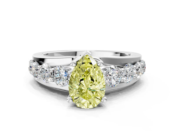 Platinum Fancy Yellow Pear  Brilliant Solitaire with Side Stones on a Pave Band and Four-Prong Setting