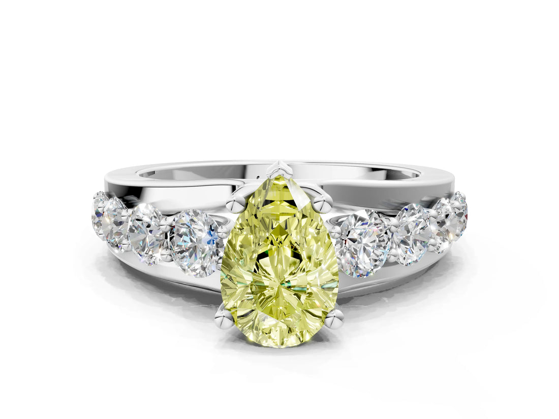 White gold Fancy Yellow Pear  Brilliant Solitaire with Side Stones on a Pave Band and Four-Prong Setting_85