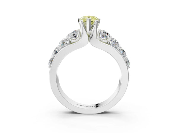 Platinum Fancy Yellow Pear  Brilliant Solitaire with Side Stones on a Pave Band and Four-Prong Setting