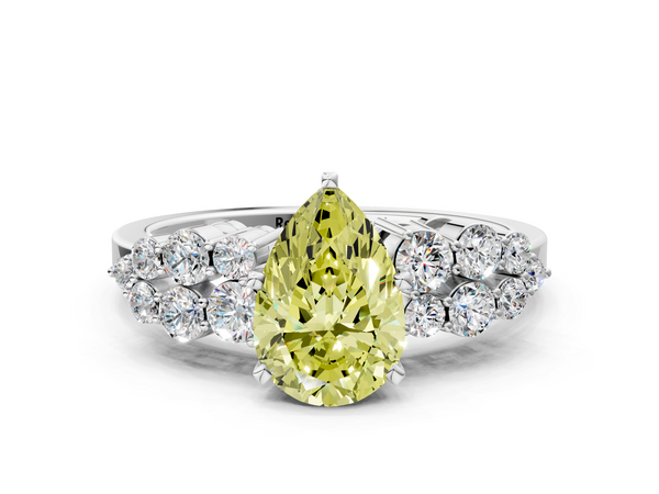 Silver 1.50 Carat Yellow VS2 Pear Cluster Diamond Engagement Ring with Pavé Band and Four-Prong Setting
