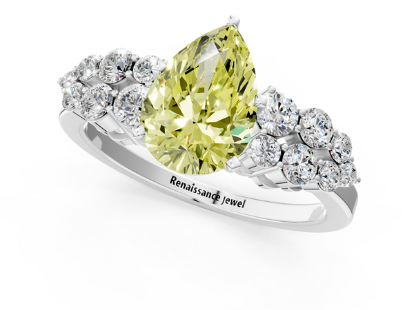 Silver 1.50 Carat Yellow VS2 Pear Cluster Diamond Engagement Ring with Pavé Band and Four-Prong Setting