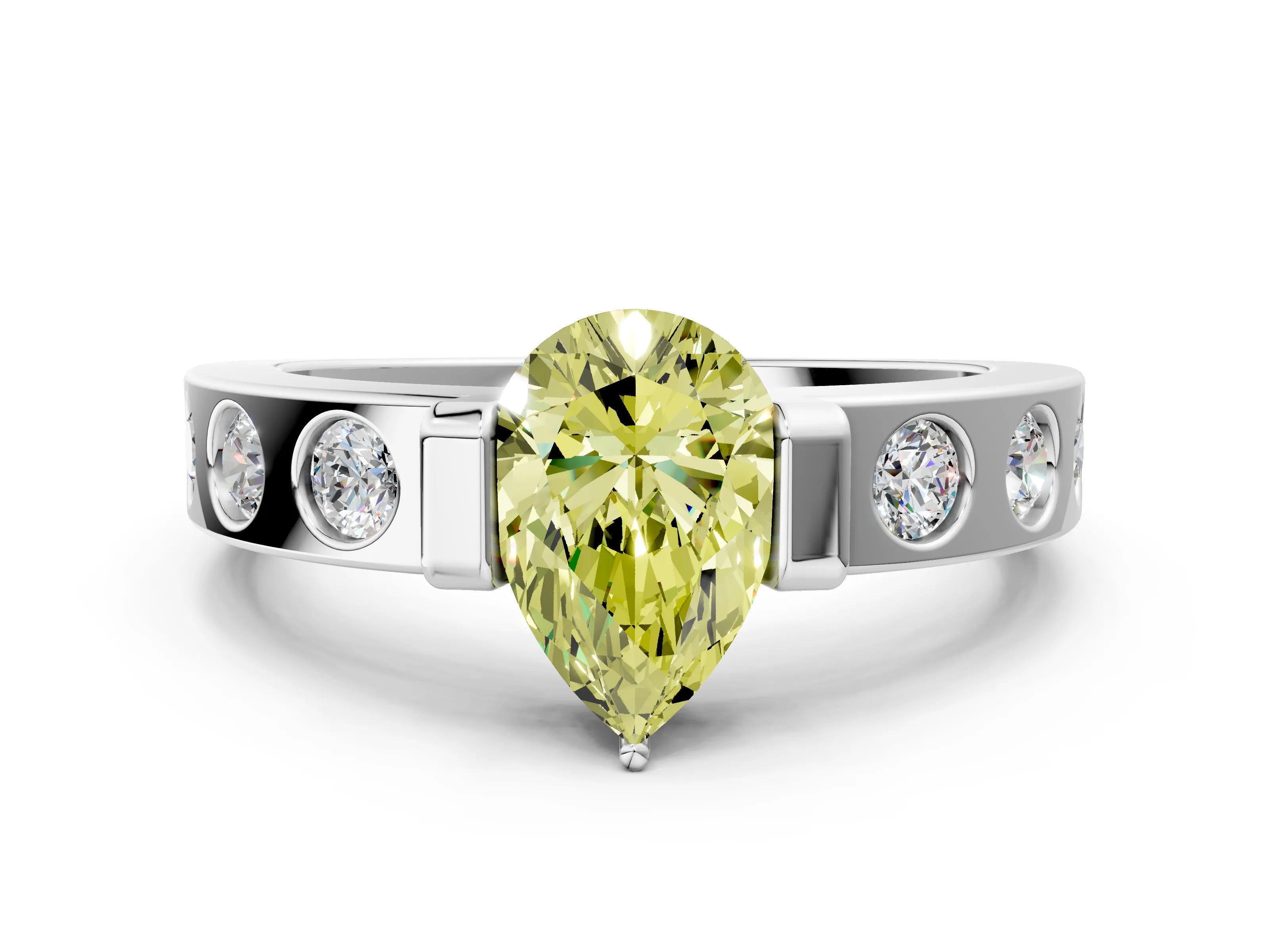 White gold Fancy Yellow Pear Cut Brilliant Channel-Set Diamond Ring with Bezel Prong Setting_12