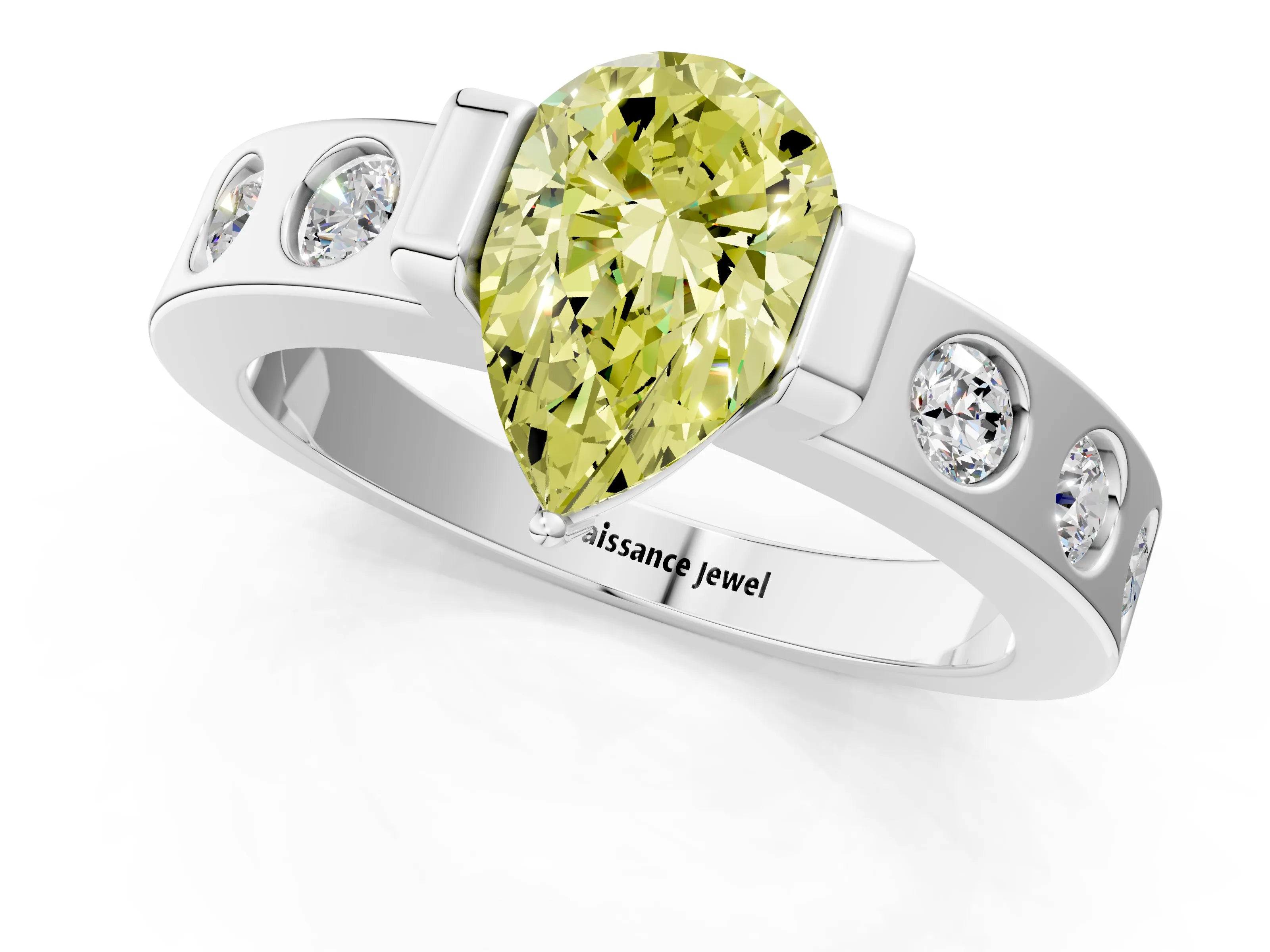 White gold Fancy Yellow Pear Cut Brilliant Channel-Set Diamond Ring with Bezel Prong Setting_13
