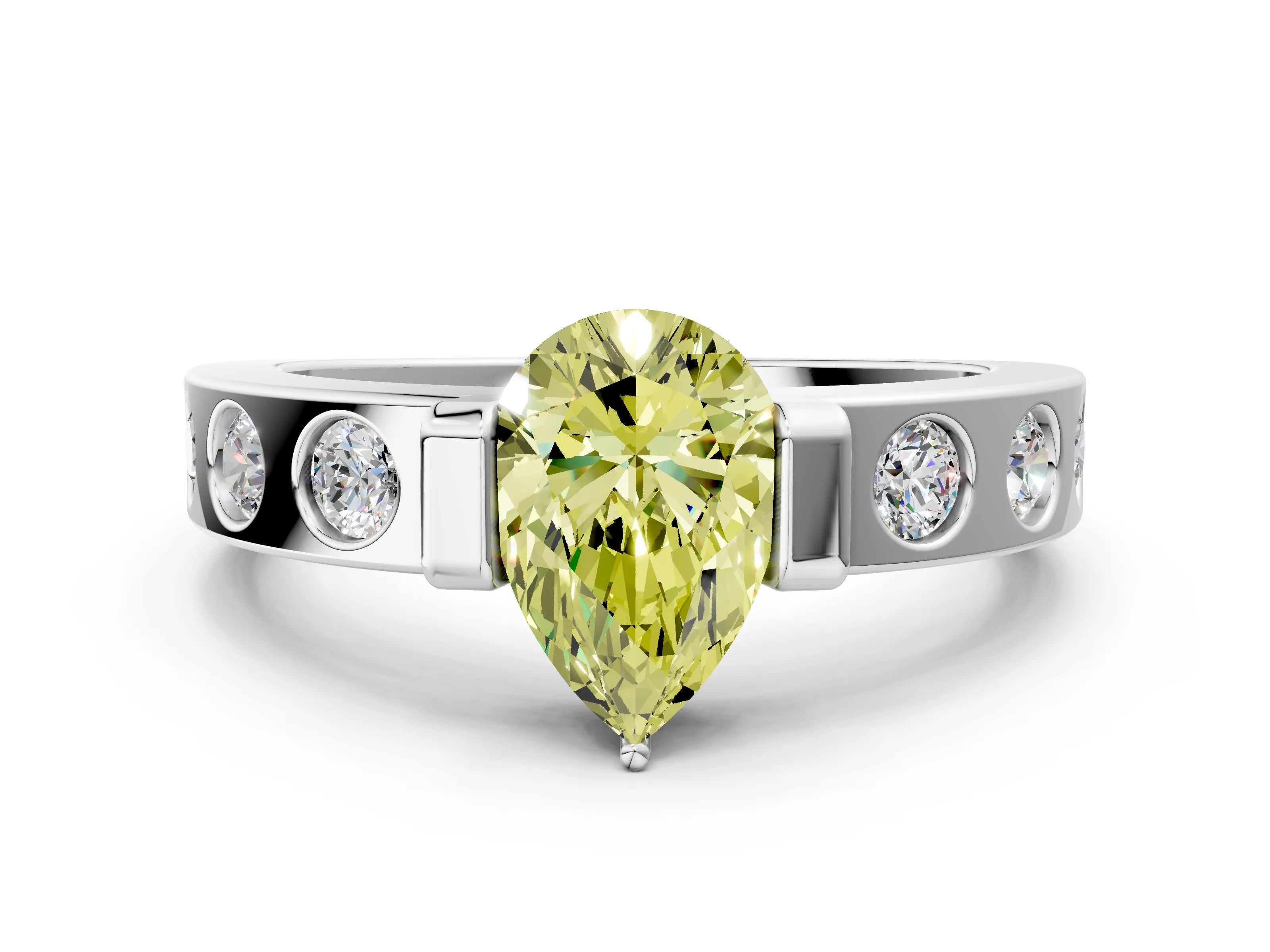 White gold Fancy Yellow Pear Cut Brilliant Channel-Set Diamond Ring with Bezel Prong Setting