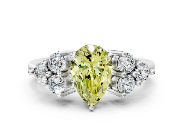White gold Fancy Yellow Pear Cut Brilliant Diamond Cluster Accent Solitaire Ring with Prong Setting