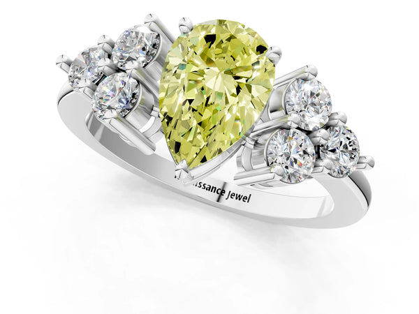 White gold Fancy Yellow Pear Cut Brilliant Diamond Cluster Accent Solitaire Ring with Prong Setting