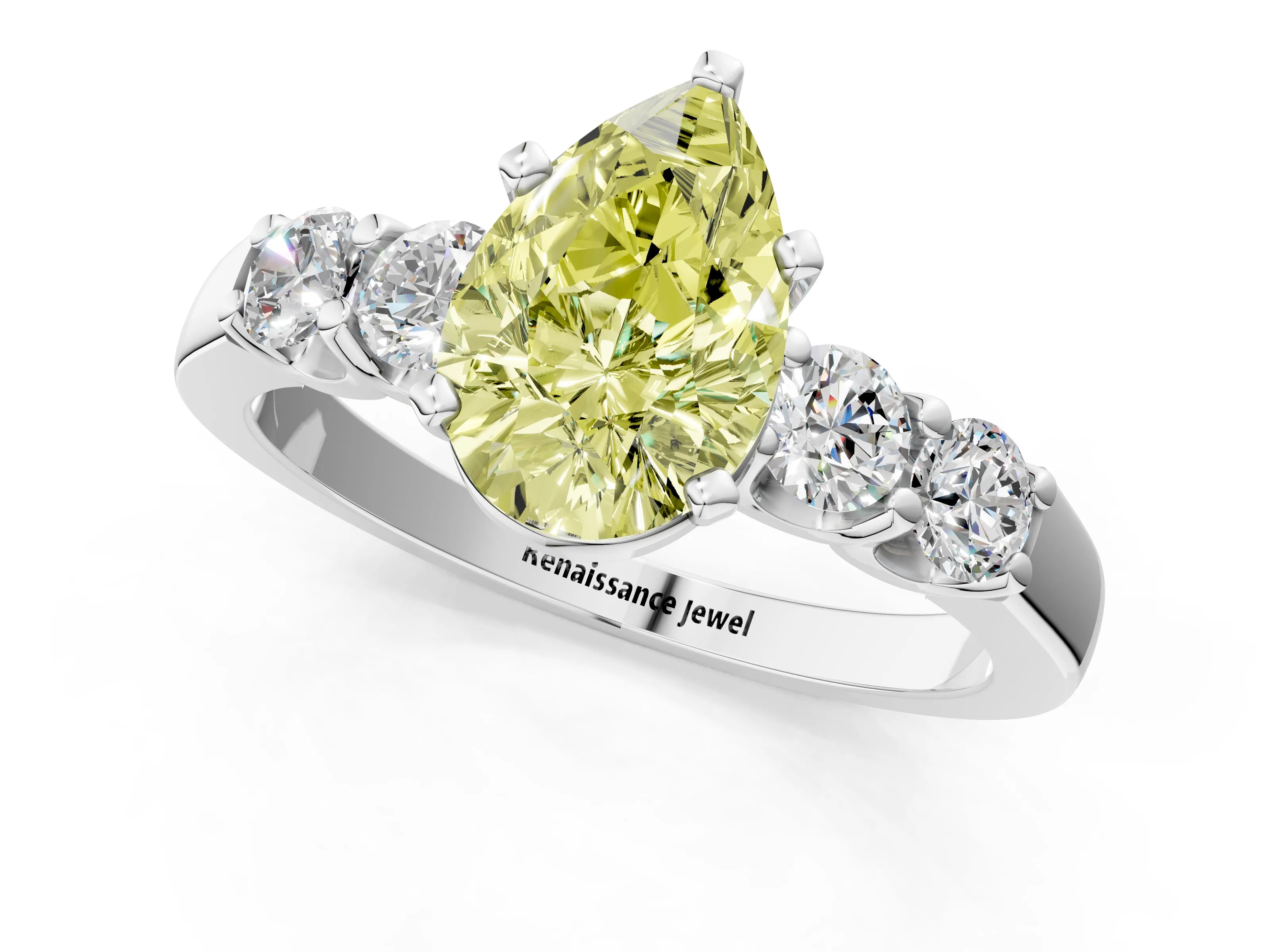White gold Fancy Yellow Pear Cut Brilliant Diamond Five-Stone Engagement Ring with Prong Setting on a Classic Band_4