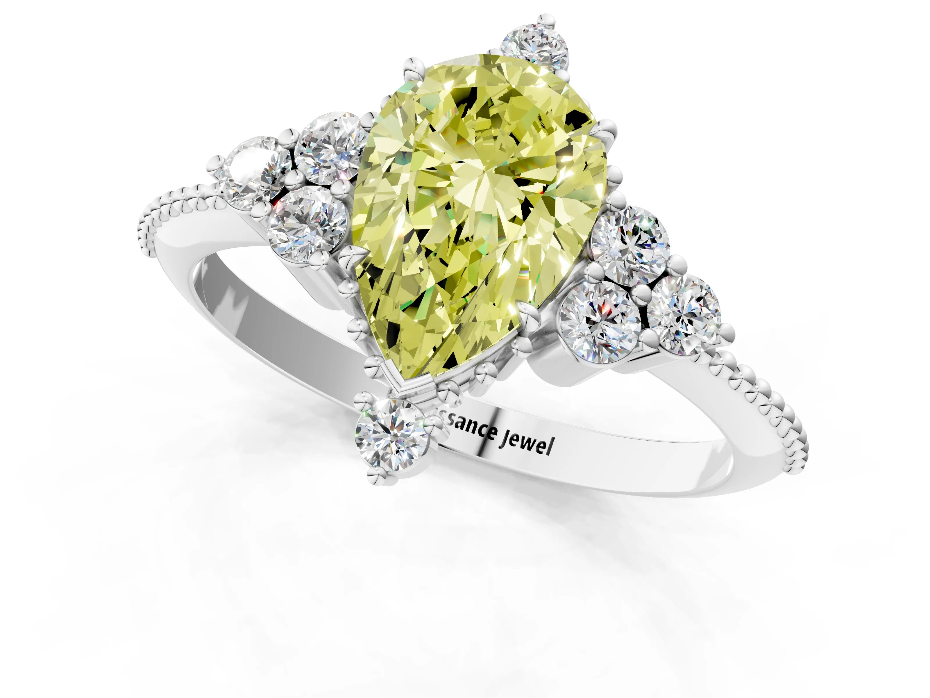 White gold Fancy Yellow Pear Cut Brilliant Diamond with Cluster Setting on a Beaded Band and Four-Prong Setting_1