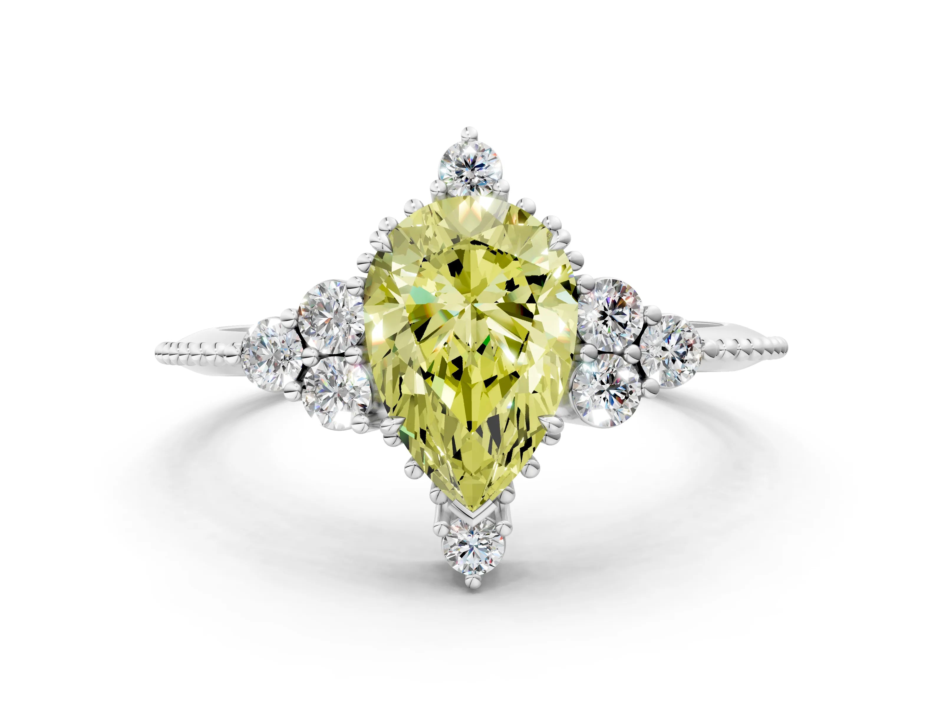 White gold Fancy Yellow Pear Cut Brilliant Diamond with Cluster Setting on a Beaded Band and Four-Prong Setting_24