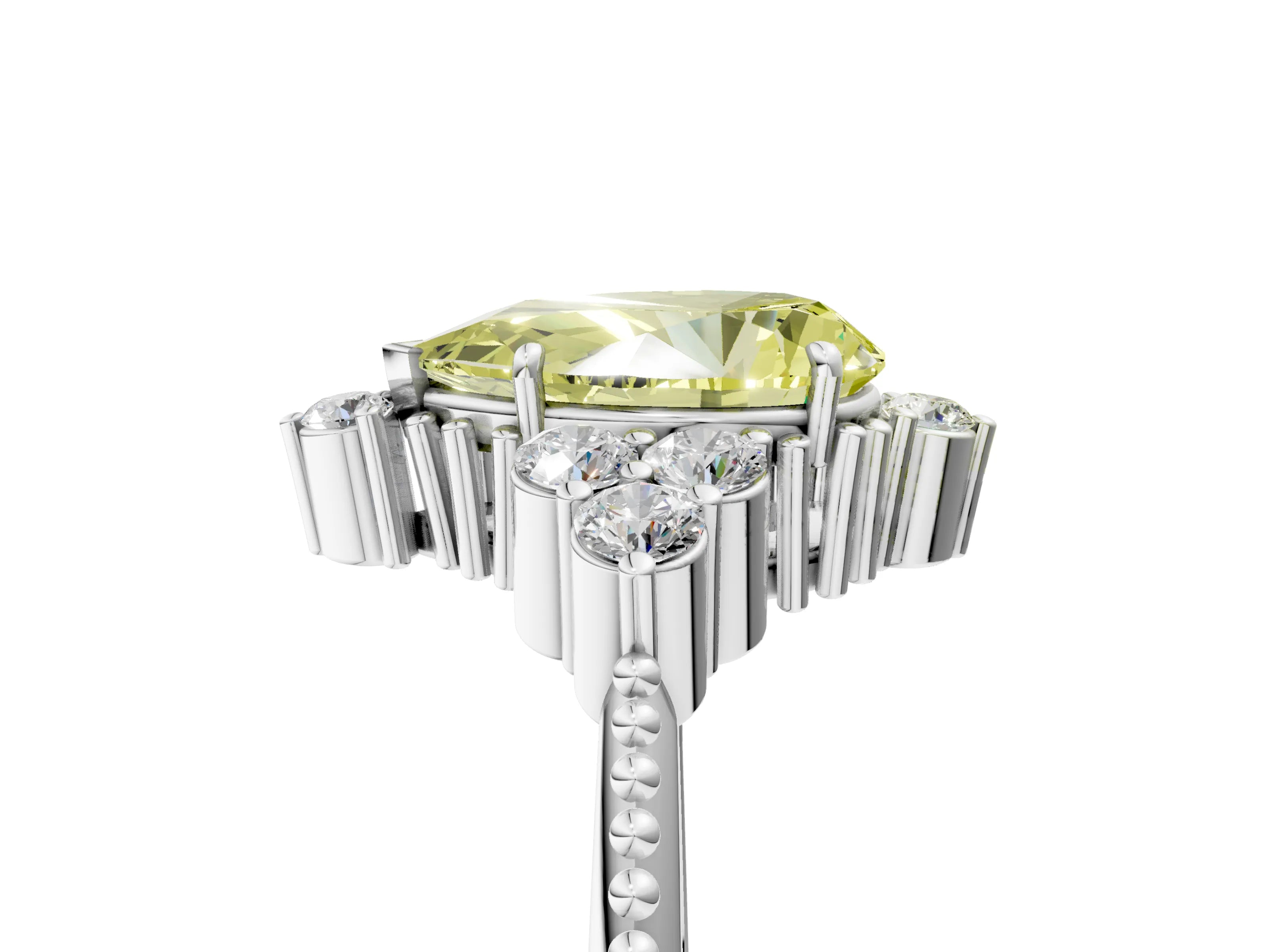 White gold Fancy Yellow Pear Cut Brilliant Diamond with Cluster Setting on a Beaded Band and Four-Prong Setting_29