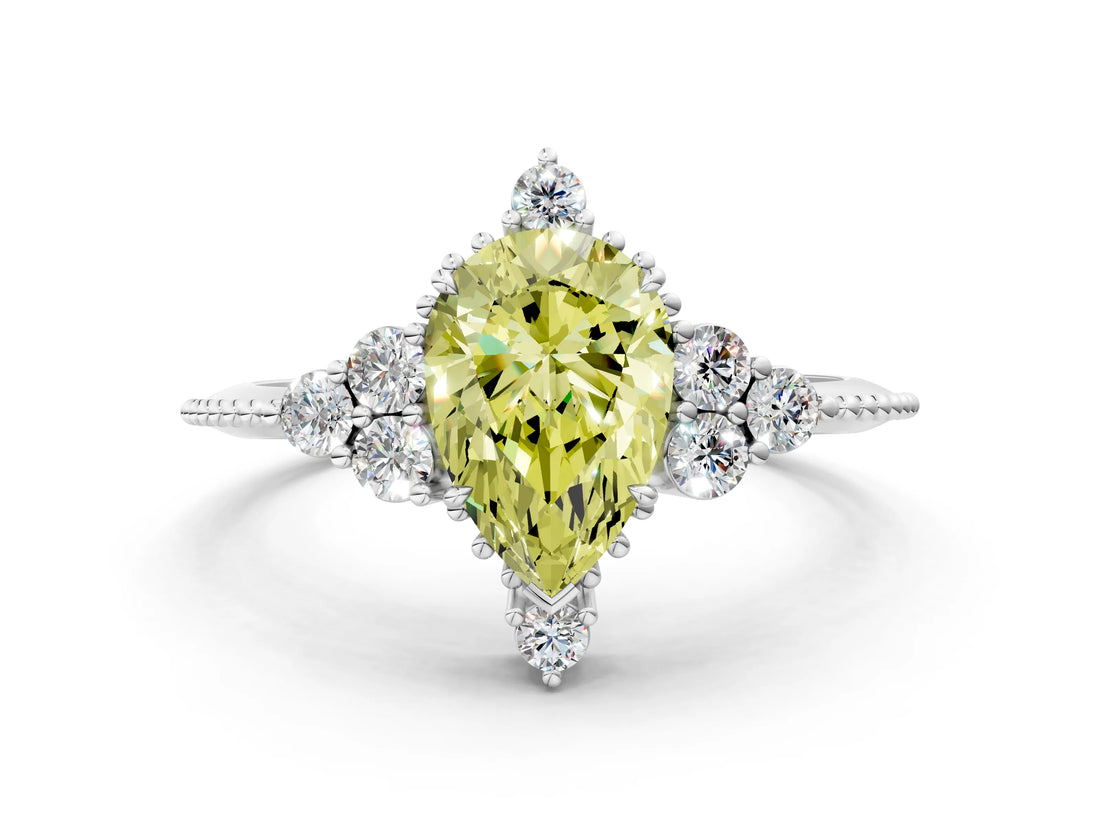 White gold Fancy Yellow Pear Cut Brilliant Diamond with Cluster Setting on a Beaded Band and Four-Prong Setting_36