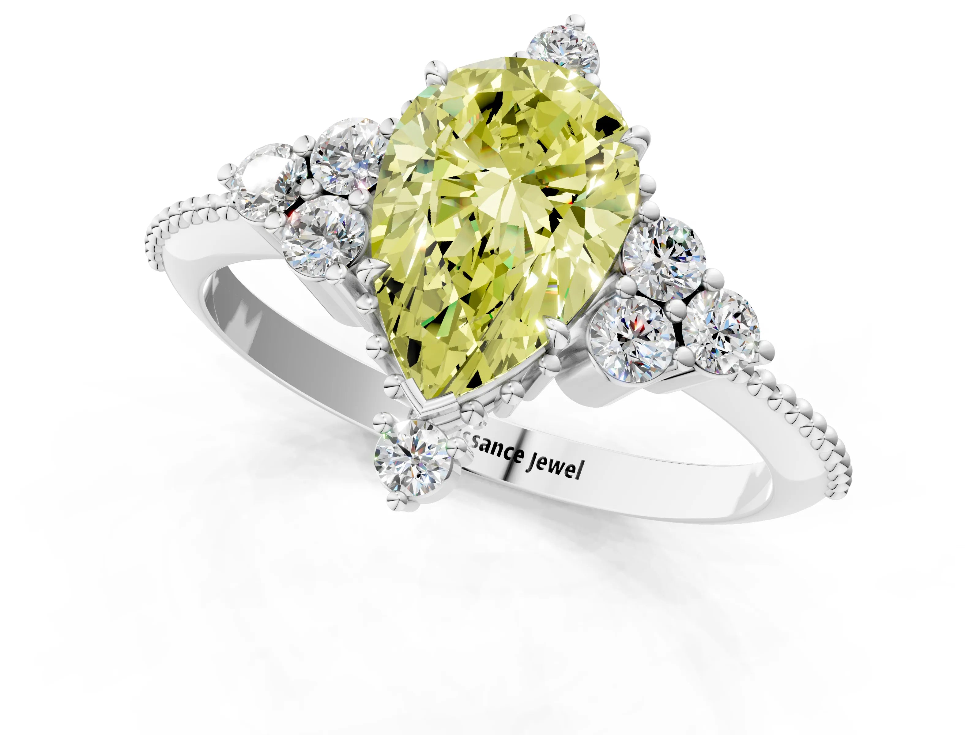 White gold Fancy Yellow Pear Cut Brilliant Diamond with Cluster Setting on a Beaded Band and Four-Prong Setting_37