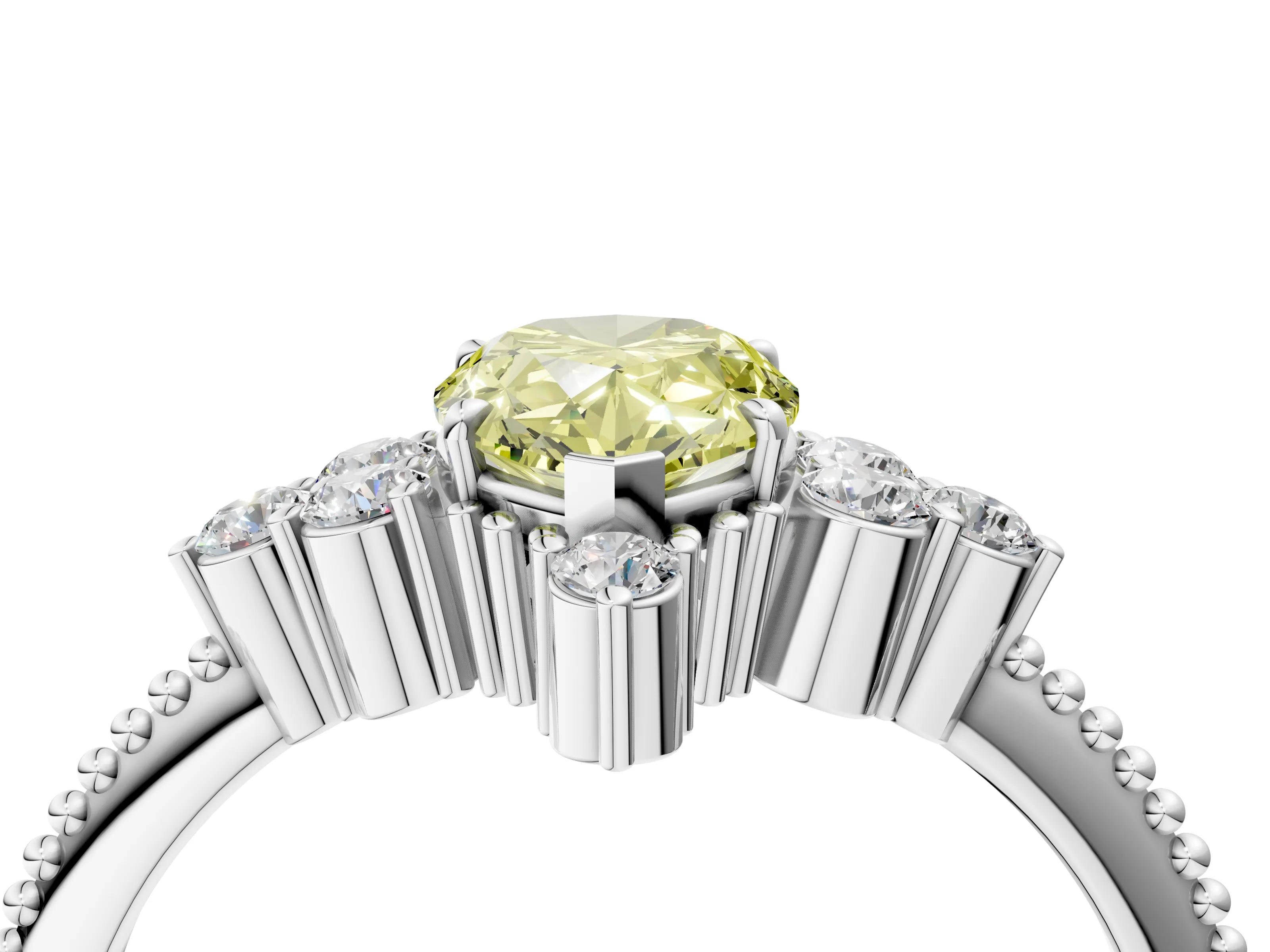 White gold Fancy Yellow Pear Cut Brilliant Diamond with Cluster Setting on a Beaded Band and Four-Prong Setting_40