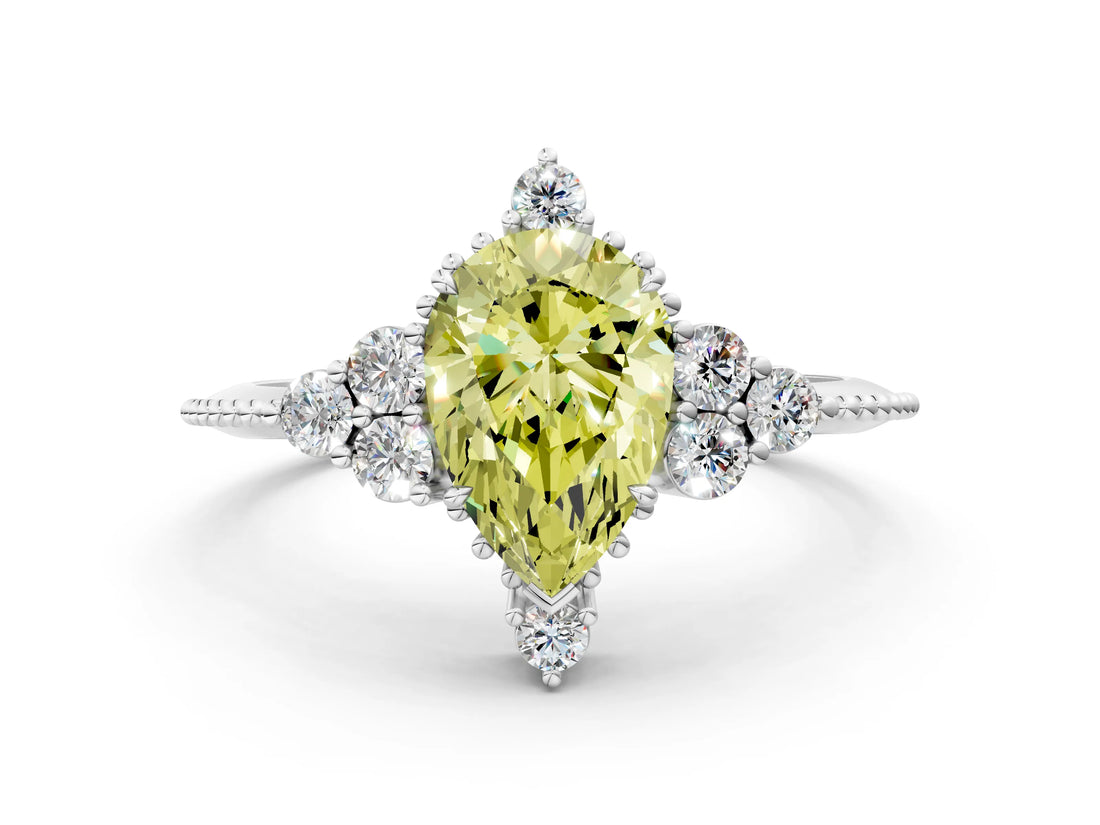 White gold Fancy Yellow Pear Cut Brilliant Diamond with Cluster Setting on a Beaded Band and Four-Prong Setting_54