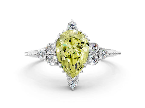 White gold Fancy Yellow Pear Cut Brilliant Diamond with Cluster Setting on a Beaded Band and Four-Prong Setting_54