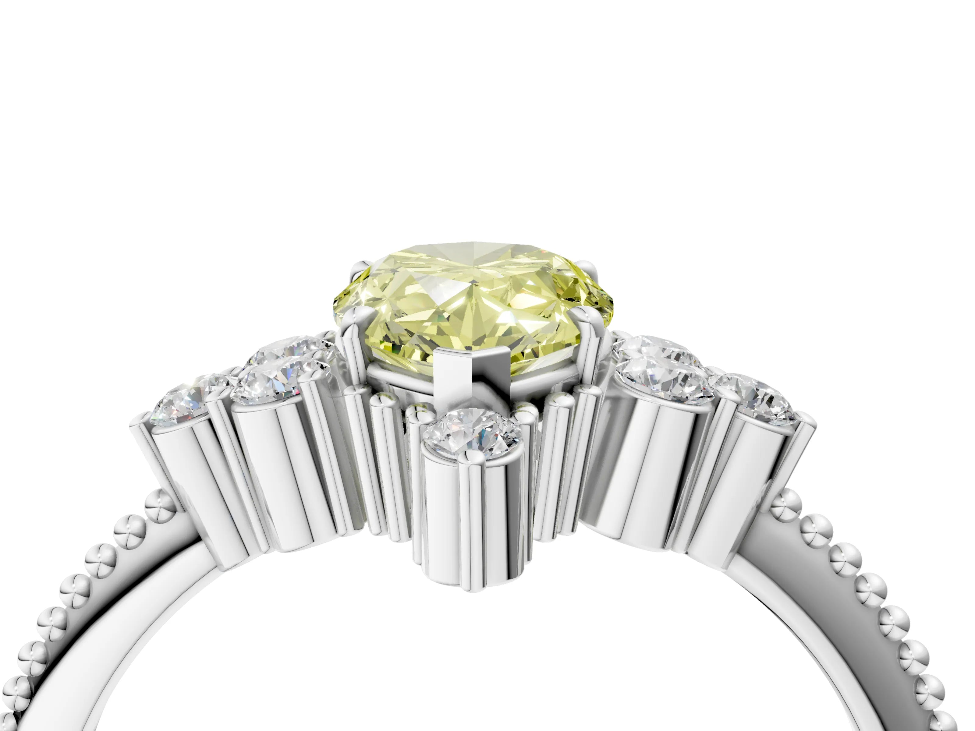 White gold Fancy Yellow Pear Cut Brilliant Diamond with Cluster Setting on a Beaded Band and Four-Prong Setting_64