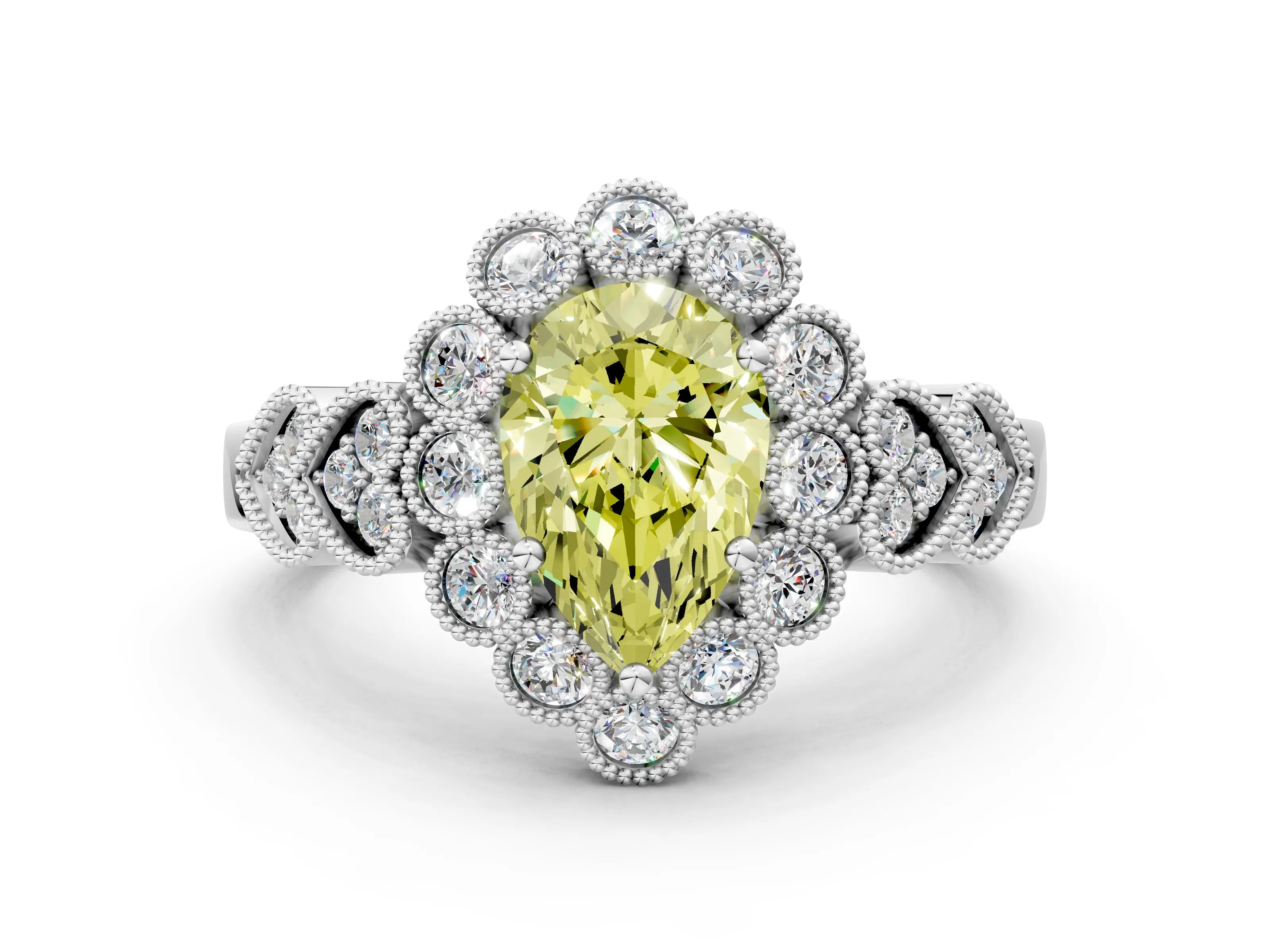 White gold Fancy Yellow Pear Cut Brilliant Milgrain Pave Heart Band Solitaire Ring