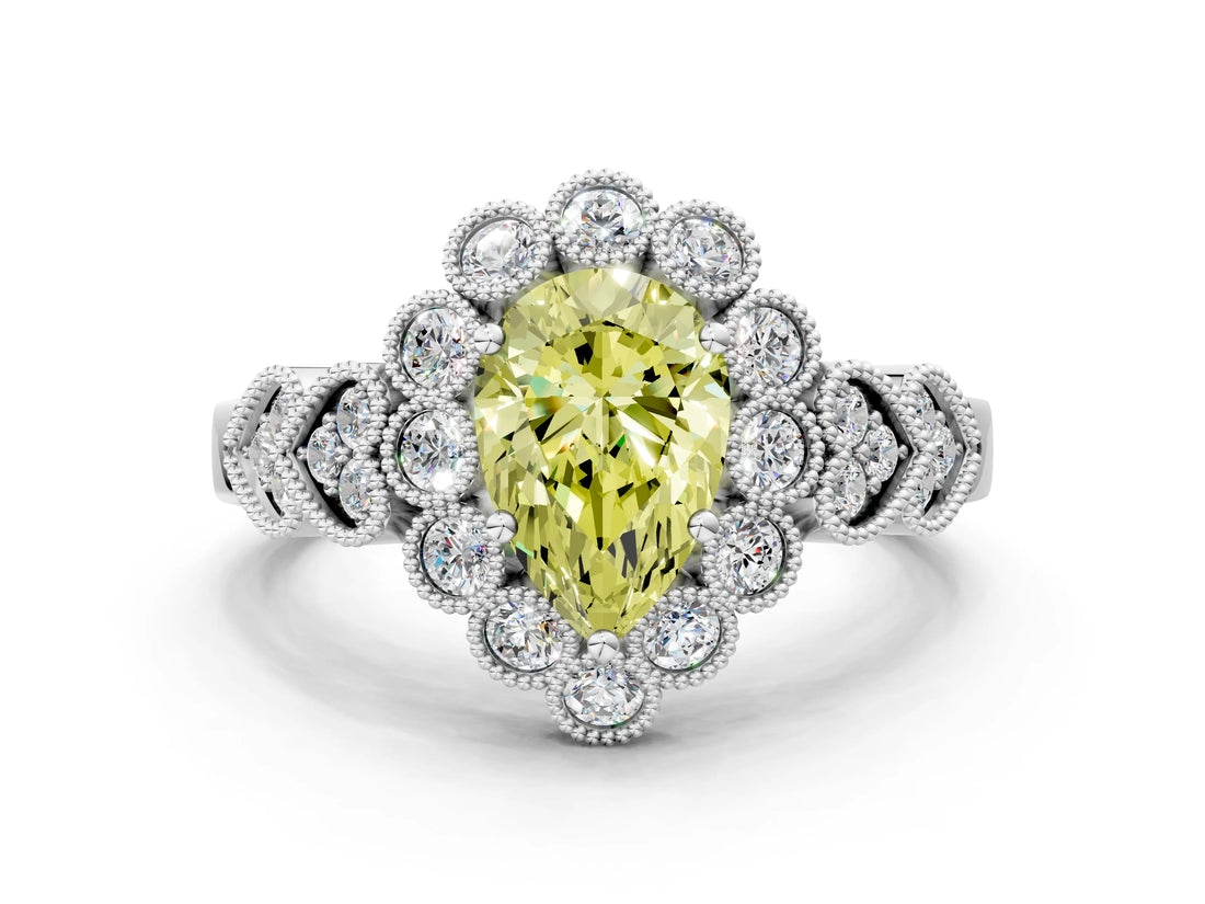 White gold Fancy Yellow Pear Cut Brilliant Milgrain Pave Heart Band Solitaire Ring_12
