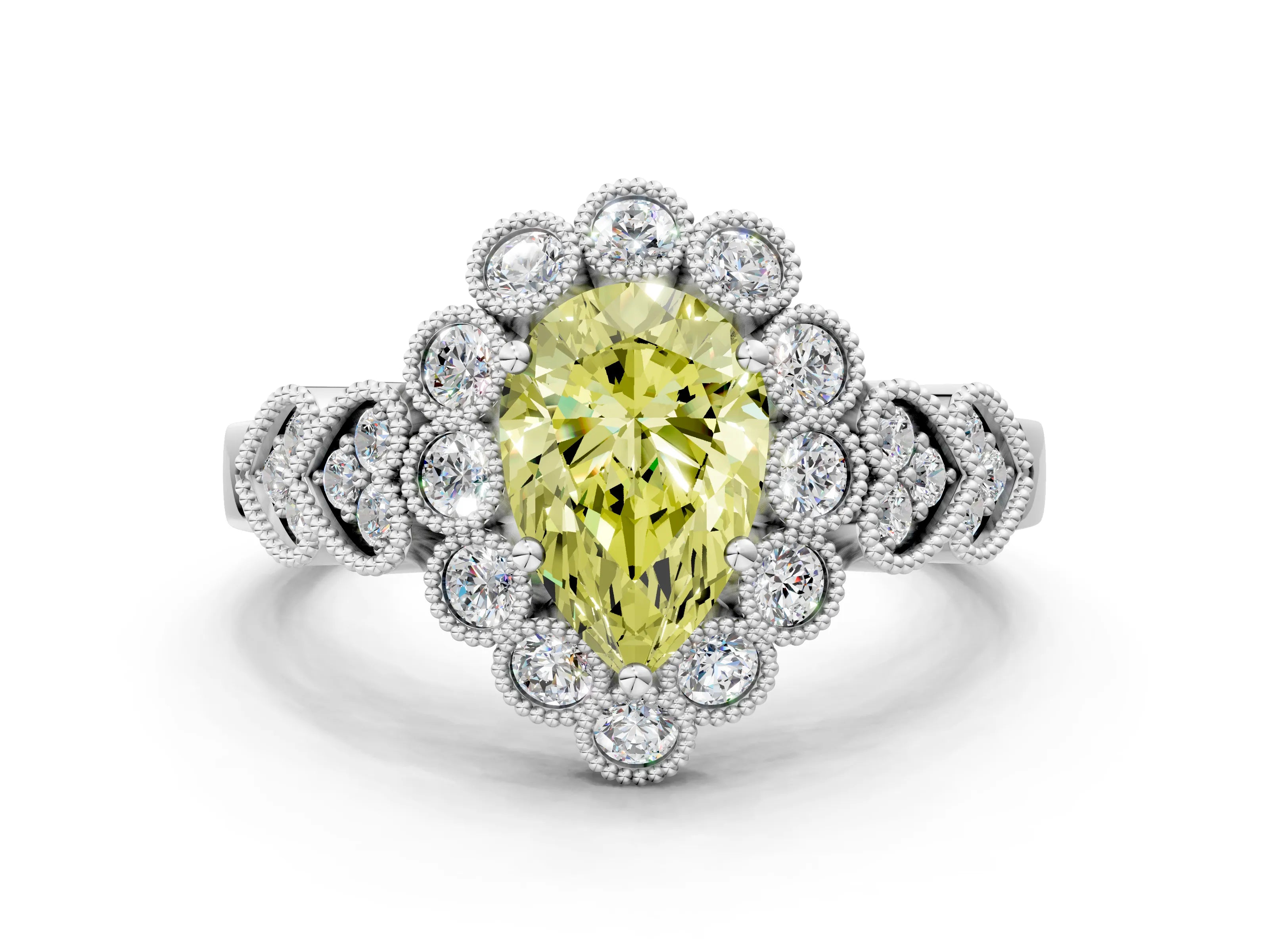 White gold Fancy Yellow Pear Cut Brilliant Milgrain Pave Heart Band Solitaire Ring_12