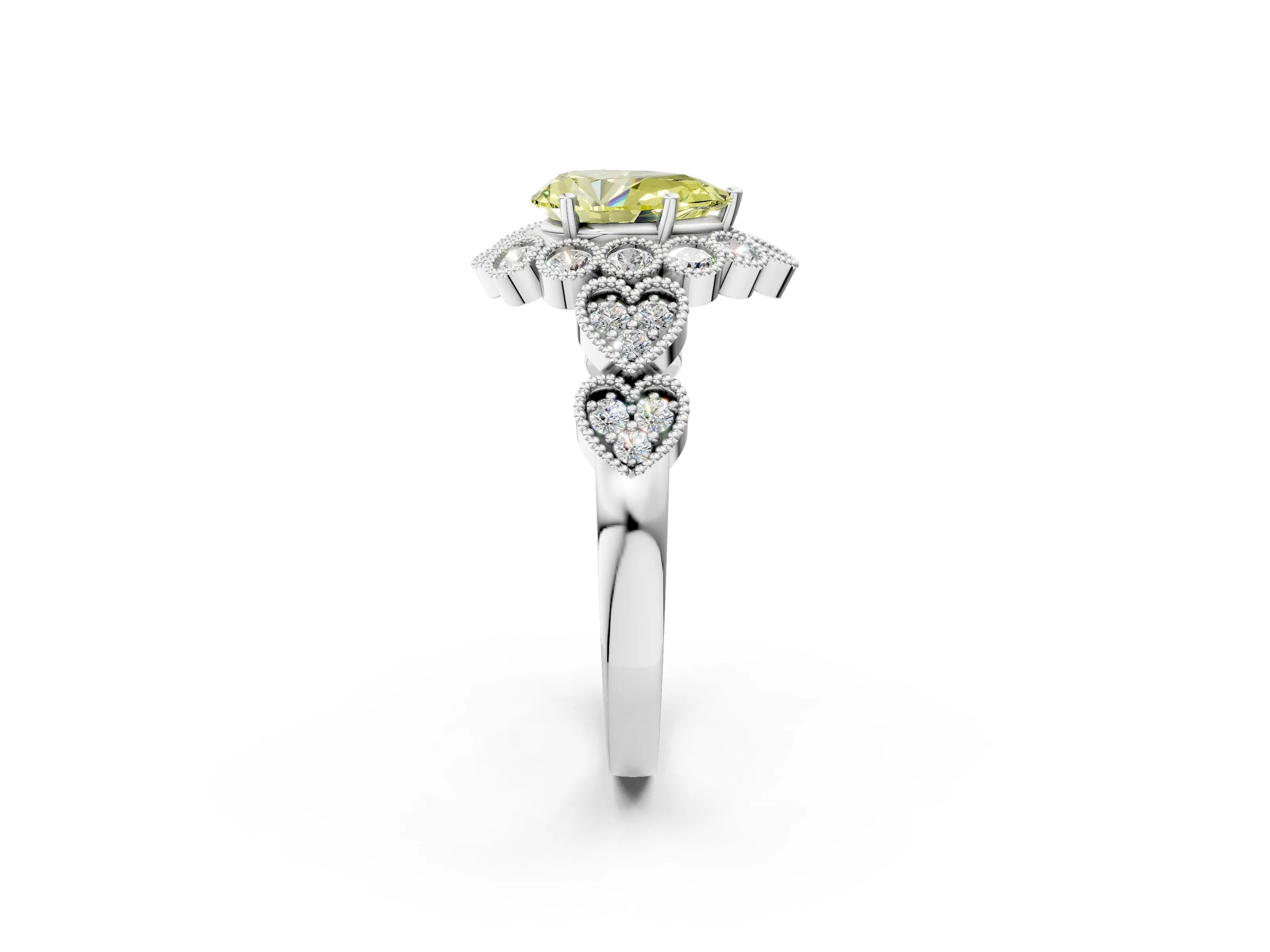 White gold Fancy Yellow Pear Cut Brilliant Milgrain Pave Heart Band Solitaire Ring_2