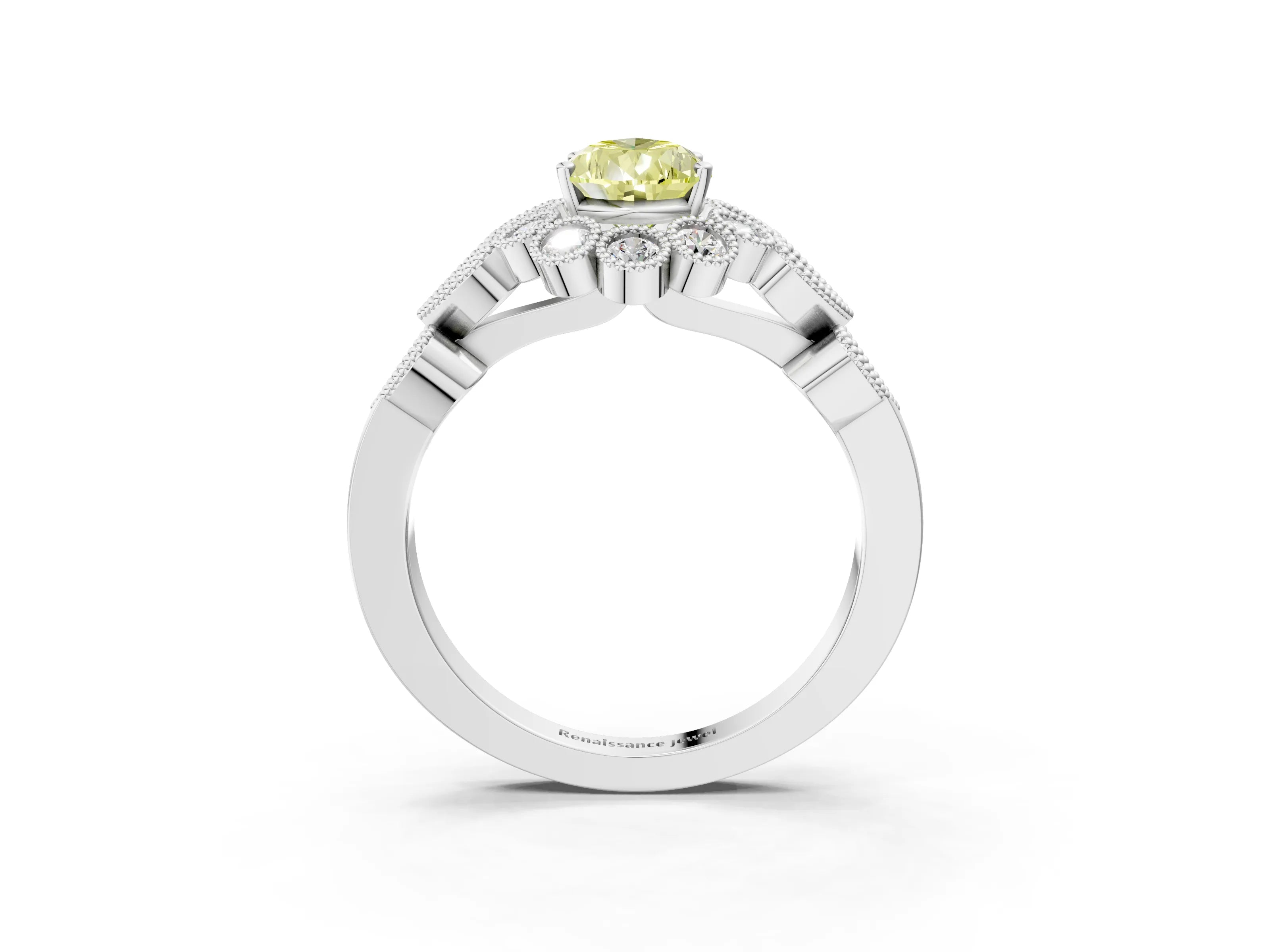 White gold Fancy Yellow Pear Cut Brilliant Milgrain Pave Heart Band Solitaire Ring_3