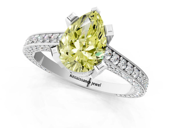 White gold Fancy Yellow Pear Cut Brilliant Split Shank Pave Solitaire Ring with Four-Prong Setting