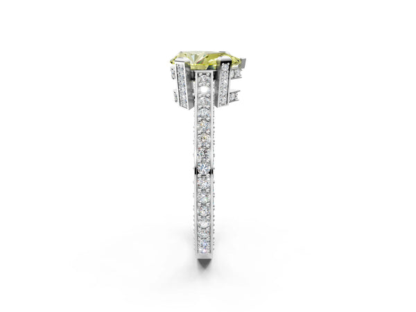 White gold Fancy Yellow Pear Cut Brilliant Split Shank Pave Solitaire Ring with Four-Prong Setting