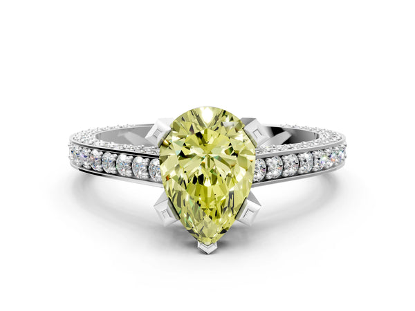 White gold Fancy Yellow Pear Cut Brilliant Split Shank Pave Solitaire Ring with Four-Prong Setting
