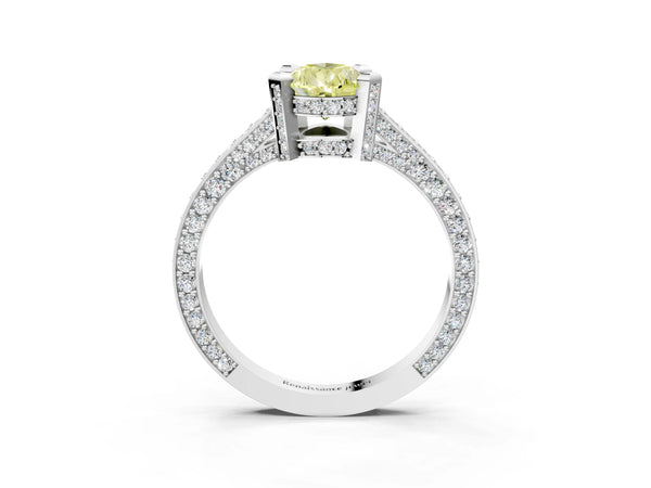 White gold Fancy Yellow Pear Cut Brilliant Split Shank Pave Solitaire Ring with Four-Prong Setting