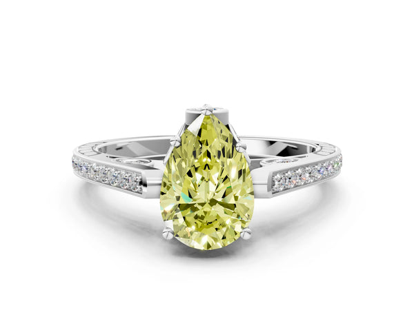 White gold Fancy Yellow Pear  Cut Cathedral Pave Diamond Engagement Ring with Six-Prong Setting