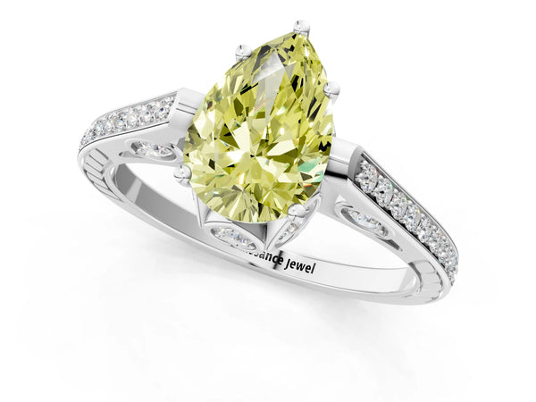 White gold Fancy Yellow Pear  Cut Cathedral Pave Diamond Engagement Ring with Six-Prong Setting