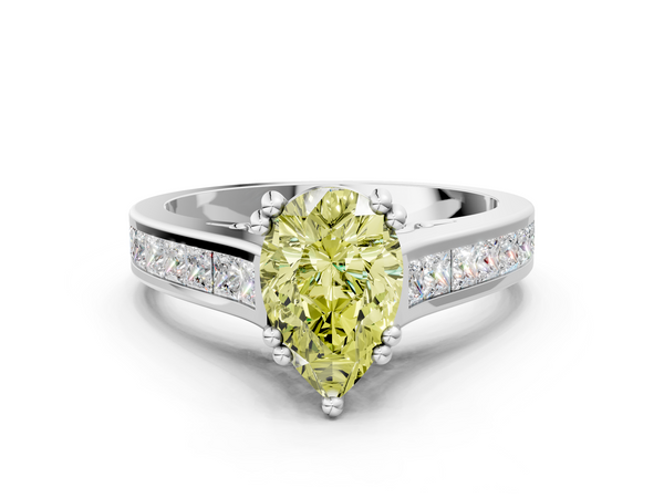 Platinum Pear-Shaped Channel Set Solitaire Engagement Ring Setting for Fancy Yellow Center with Double Claw Prongs
