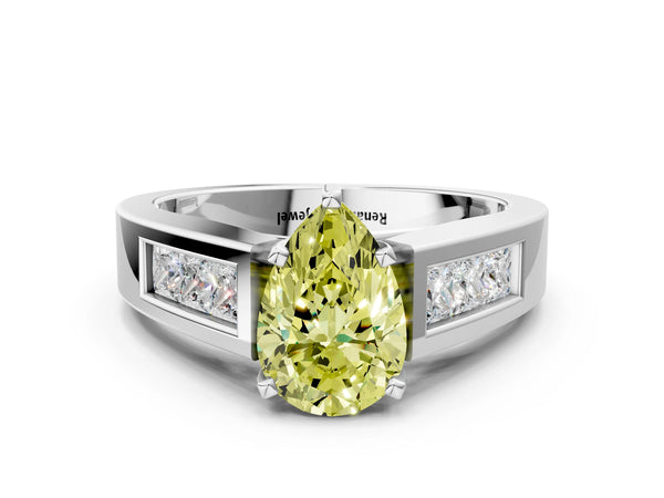 Platinum Fancy Yellow Pear Cut Cut Channel Set Solitaire Ring with Four-Prong Setting
