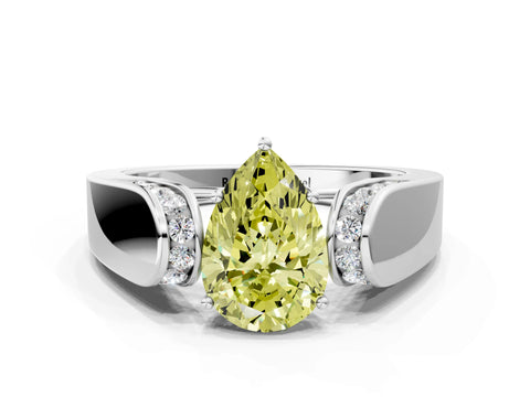 White gold Fancy Yellow Pear Cut Cut Diamond Channel Set Solitaire Ring with Four-Prong Setting
